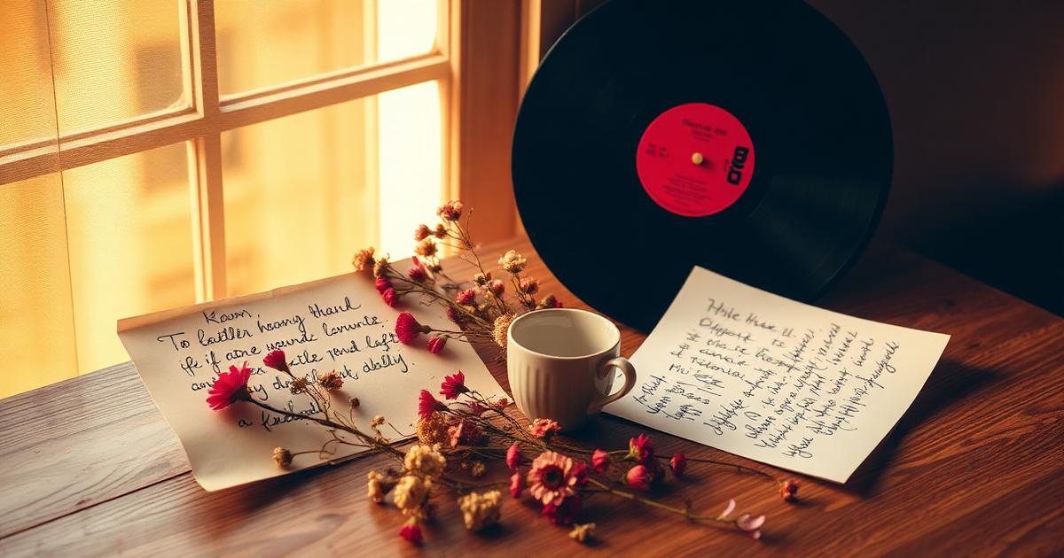Carta manuscrita, disco de vinilo, flores secas y taza de café sobre mesa de madera a la luz cálida de una ventana