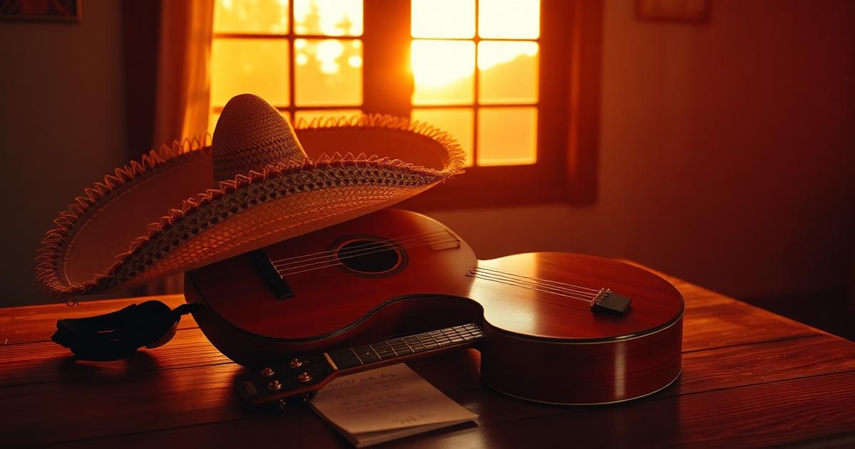 Sombrero charro, guitarra acústica y carta manuscrita sobre mesa de madera rústica bajo luz cálida de atardecer