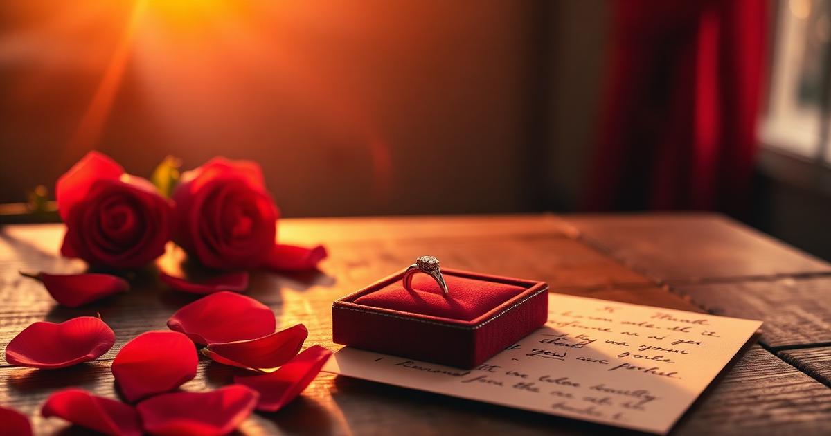 Anillo de compromiso en caja de terciopelo rojo sobre mesa de madera con pétalos de rosa y carta manuscrita a la luz del atardecer