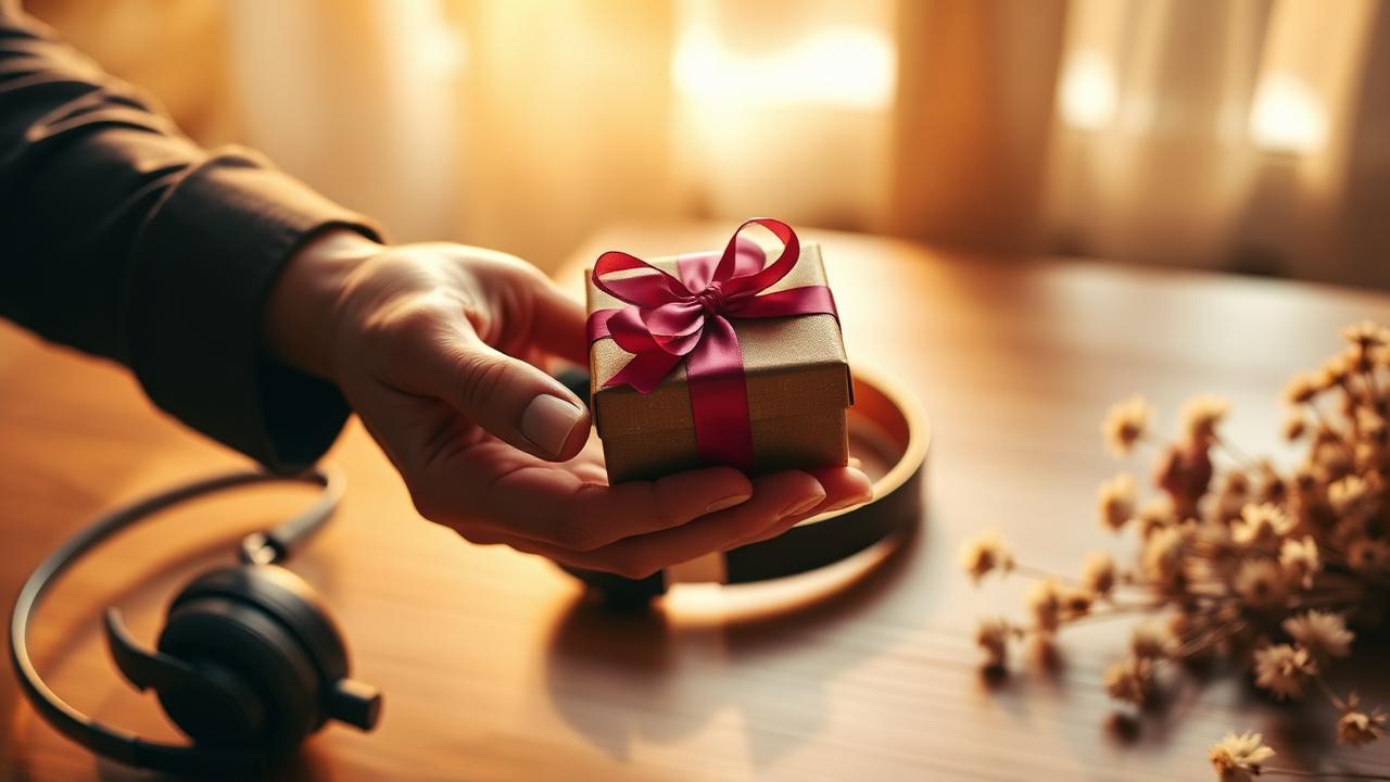 Manos entregando una caja de regalo pequeña con moño magenta al lado de audífonos y flores secas, luz cálida sobre madera