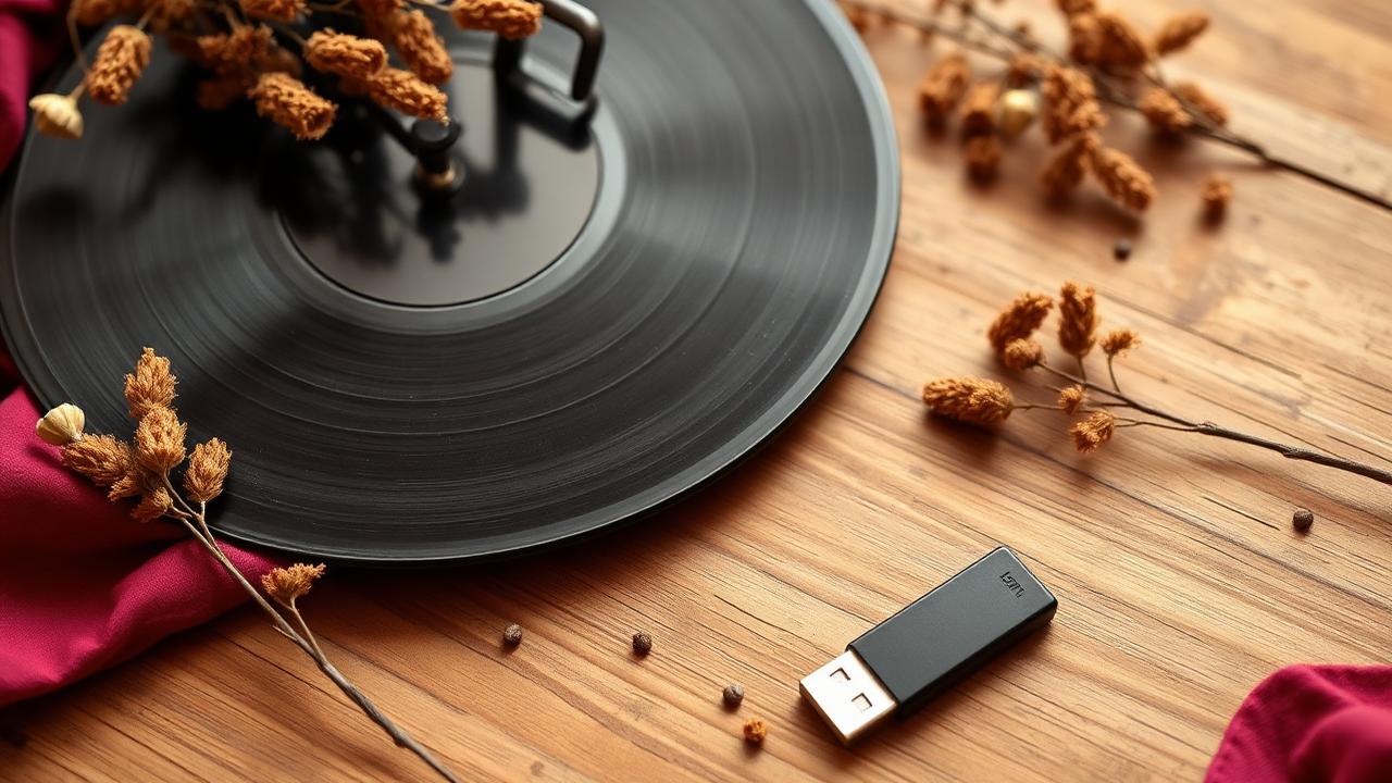 Disco de vinilo negro y una memoria USB sobre una mesa de madera con flores secas y tela magenta