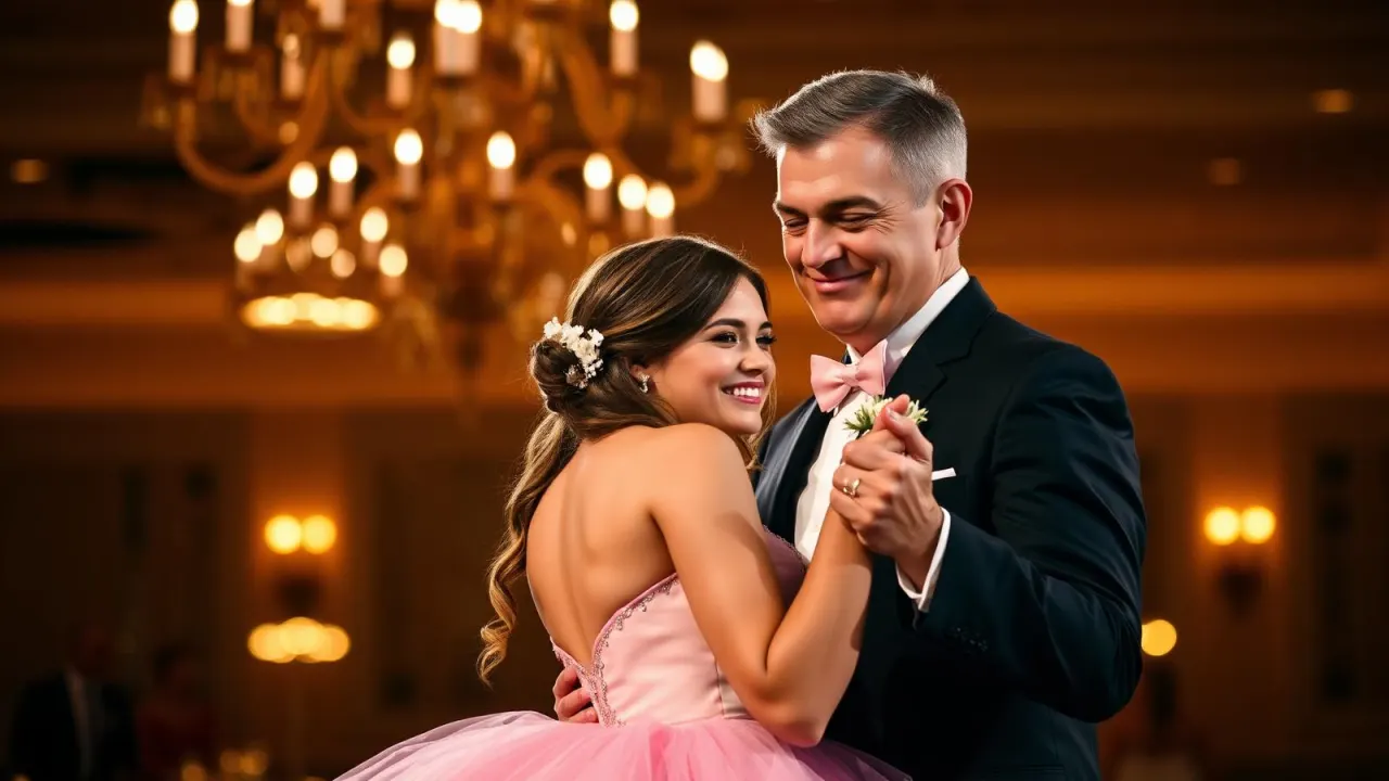 Padre e hija bailando en el centro del salón rodeados de invitados en unos XV años