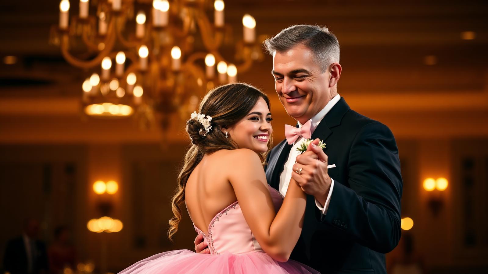 Padre bailando con su hija en su fiesta de XV años en un salón elegante con candiles y luz cálida