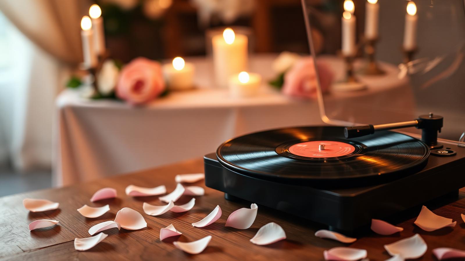 Tocadiscos de vinilo con velas y pétalos de rosa para el baile de XV años