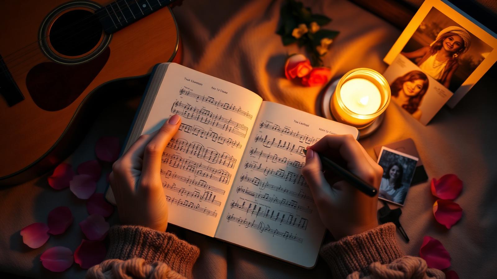 Manos escribiendo la letra de una canción personalizada para XV años con guitarra y velas