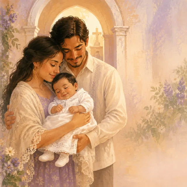 Ilustración de una familia abrazando a su bebé el día de su bautizo