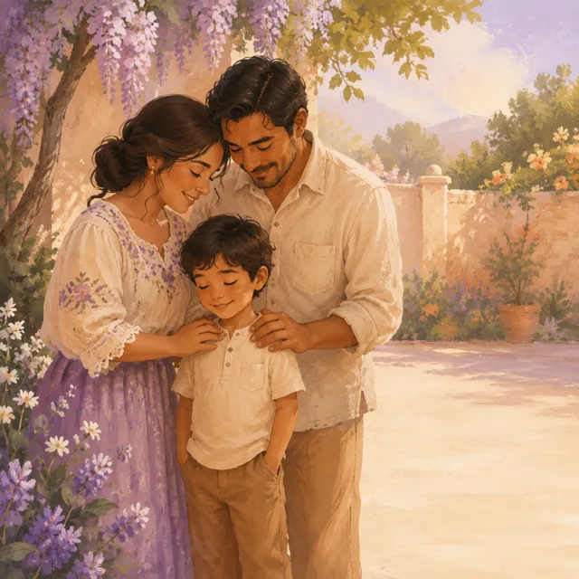 Ilustración de unos papás abrazando y bendiciendo a su hijo