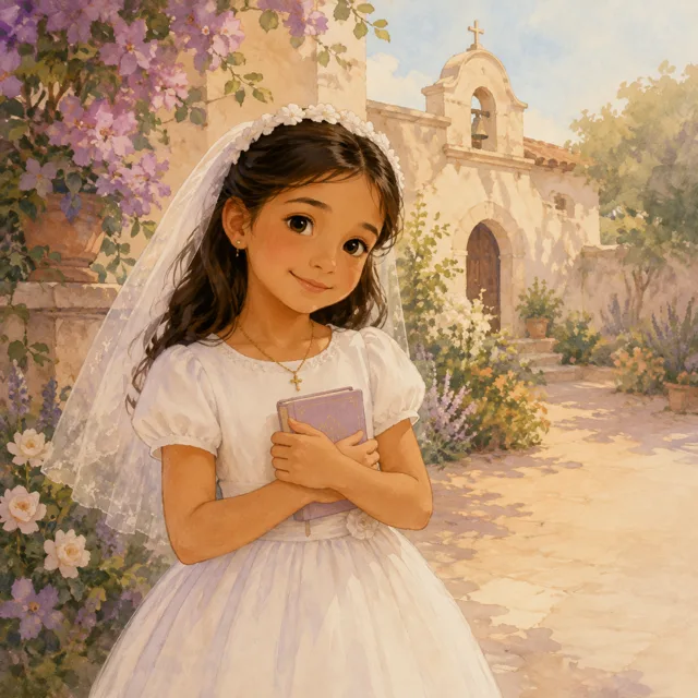 Ilustración de una niña celebrando su primera comunión
