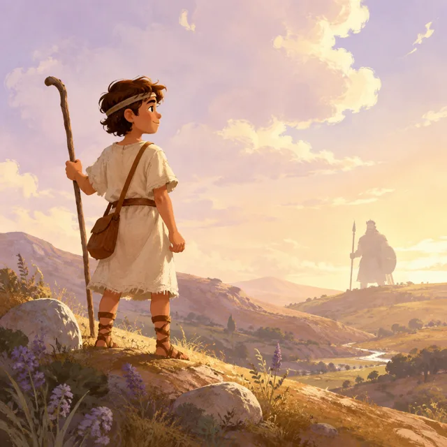 Ilustración de David mostrando valentía ante un gigante a lo lejos