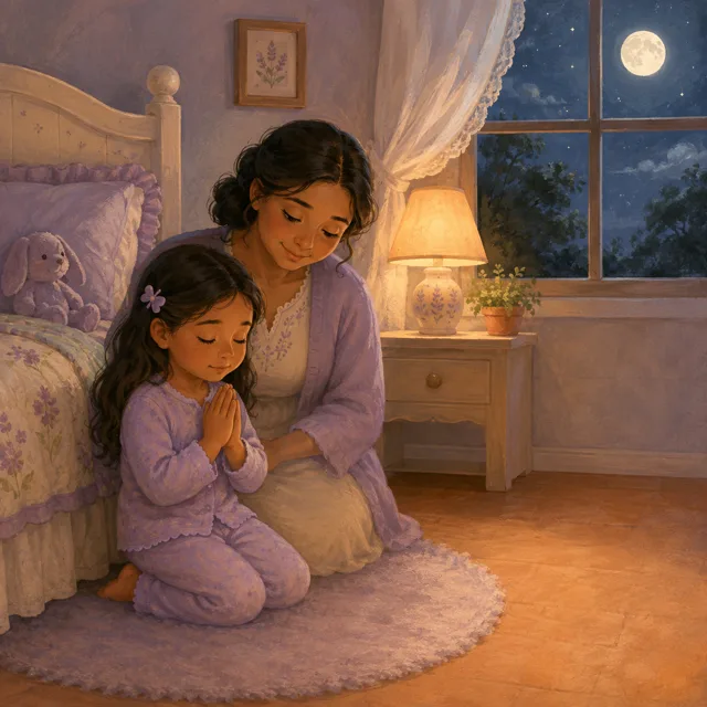 Ilustración de una niña orando junto a su mamá antes de dormir