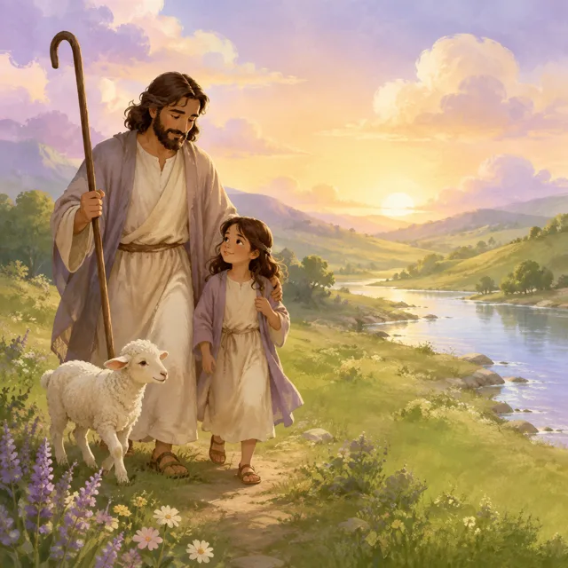 Ilustración de una niña, un pastor y una oveja junto a aguas tranquilas