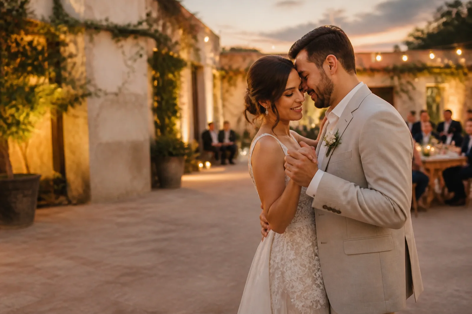 Novios compartiendo su primer baile en una boda al atardecer.